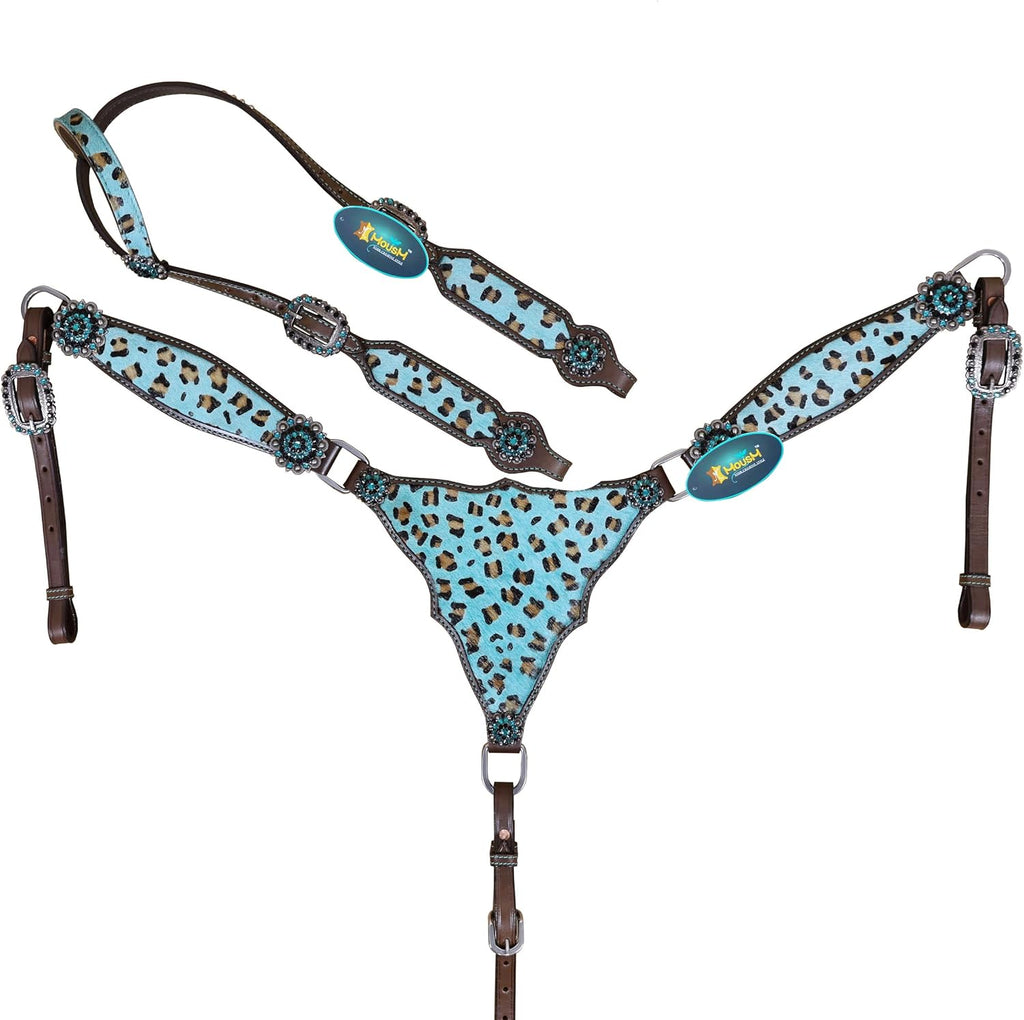 Cheetah Headstall & Breast Collar Tack Set – Gladiator Style with Leopard Print on Leather | Genuine Argentine Cow Leather | Antique Nickel Hardware & Copper Rivet Buckles