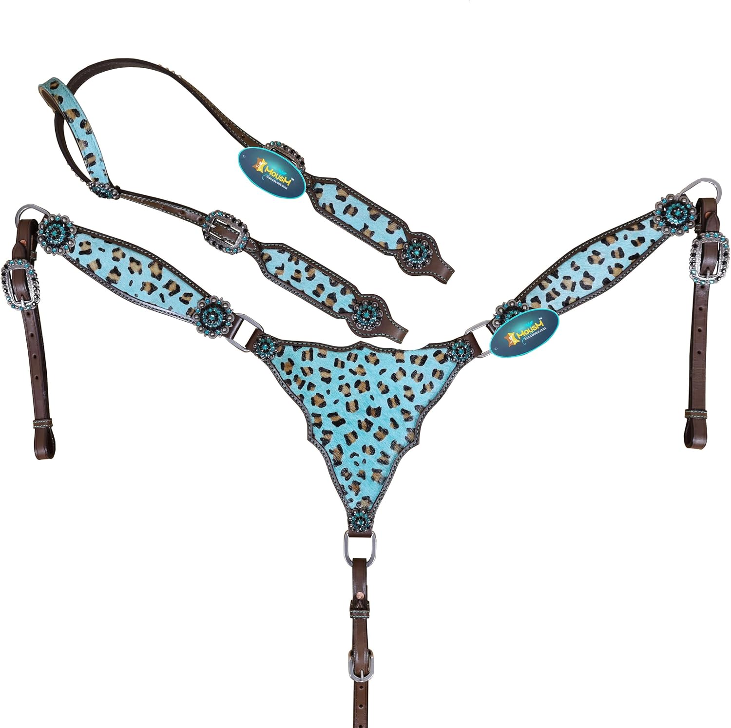 Cheetah Headstall & Breast Collar Tack Set – Gladiator Style with Leopard Print on Leather | Genuine Argentine Cow Leather | Antique Nickel Hardware & Copper Rivet Buckles