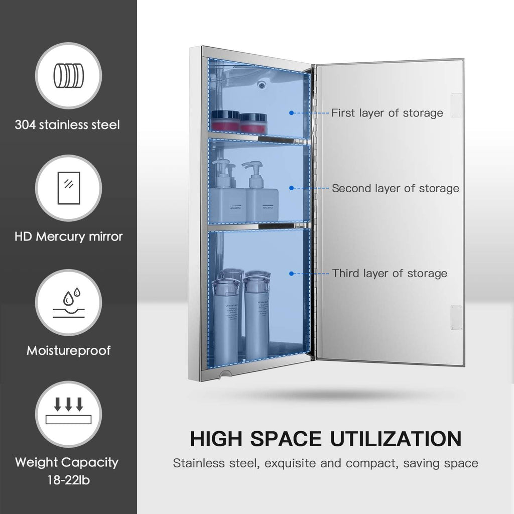 24-inch 304 Stainless Steel Corner Medicine Cabinet with Mirror | Wall-Mounted Bathroom Storage Cabinet, 3 Shelves, Space-Saving Design