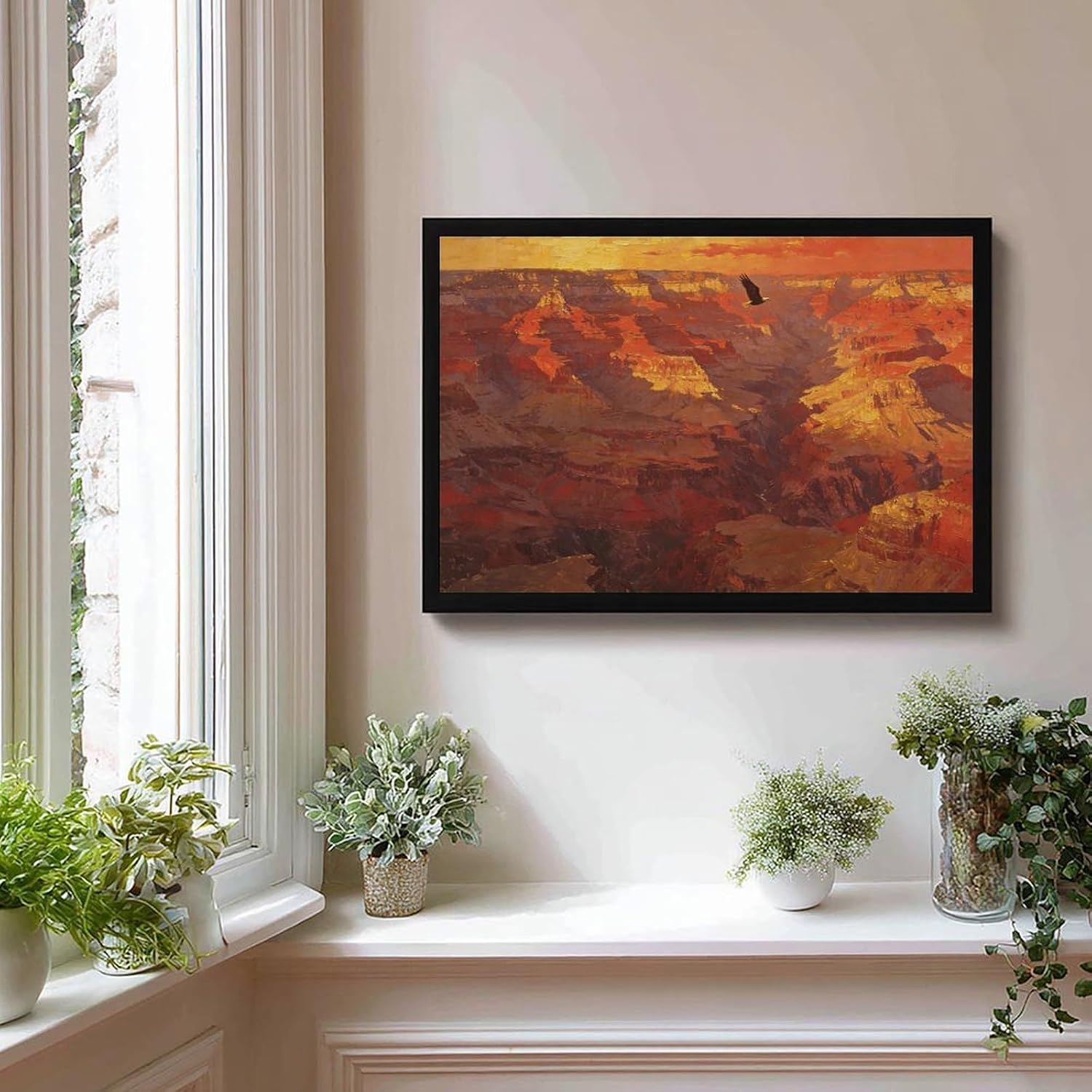 Canyon Sunset Landscape Wall Art Print, Dramatic Red Rock Vista with Soaring Eagle Painting Poster for Home Office Decor 20x30in