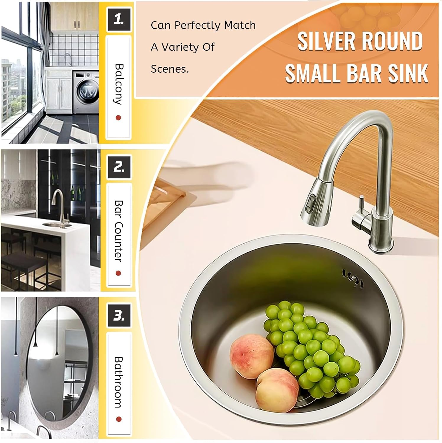 Stainless Steel Kitchen Sink, Single Bowl Sink With Drain Fittings & Overflow, Small Washing Basin, Round Pool For Utility Room, Kitchen, Bar, Pub, Drop In & Undermount(Silver,30cm)