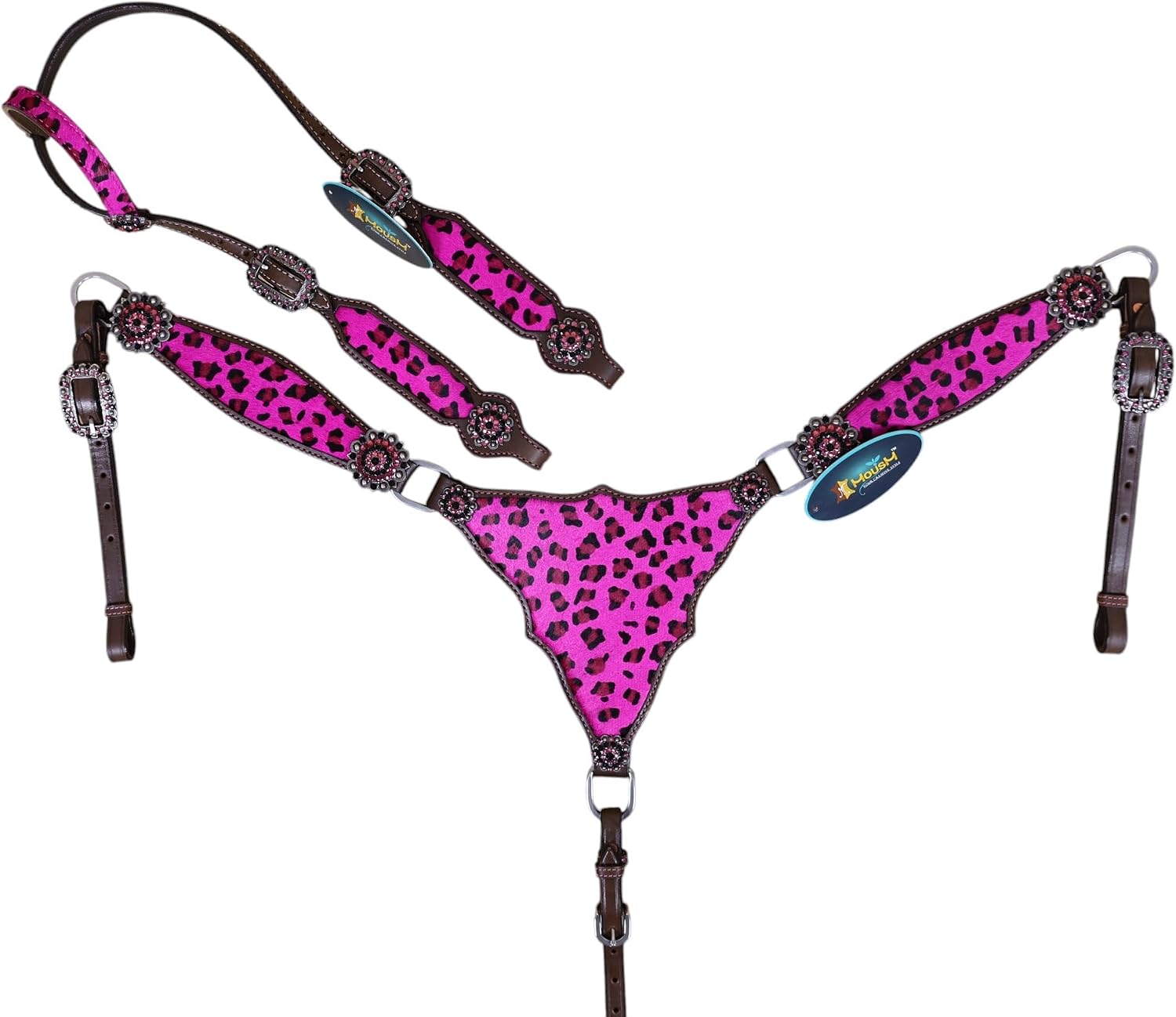 Cheetah Headstall & Breast Collar Tack Set – Gladiator Style with Leopard Print on Leather | Genuine Argentine Cow Leather | Antique Nickel Hardware & Copper Rivet Buckles