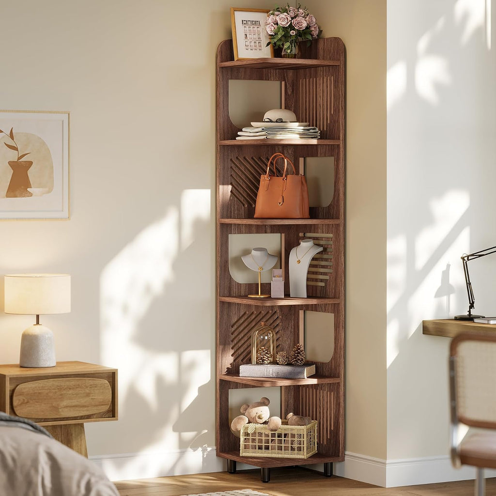 Tribesigns 6-Tier Corner Bookshelf, Tall Narrow Corner Shelf Bookcase with Hollow Design, Farmhouse Skinny Display Shelf for Living Room, Bedroom, Small Space, Brown