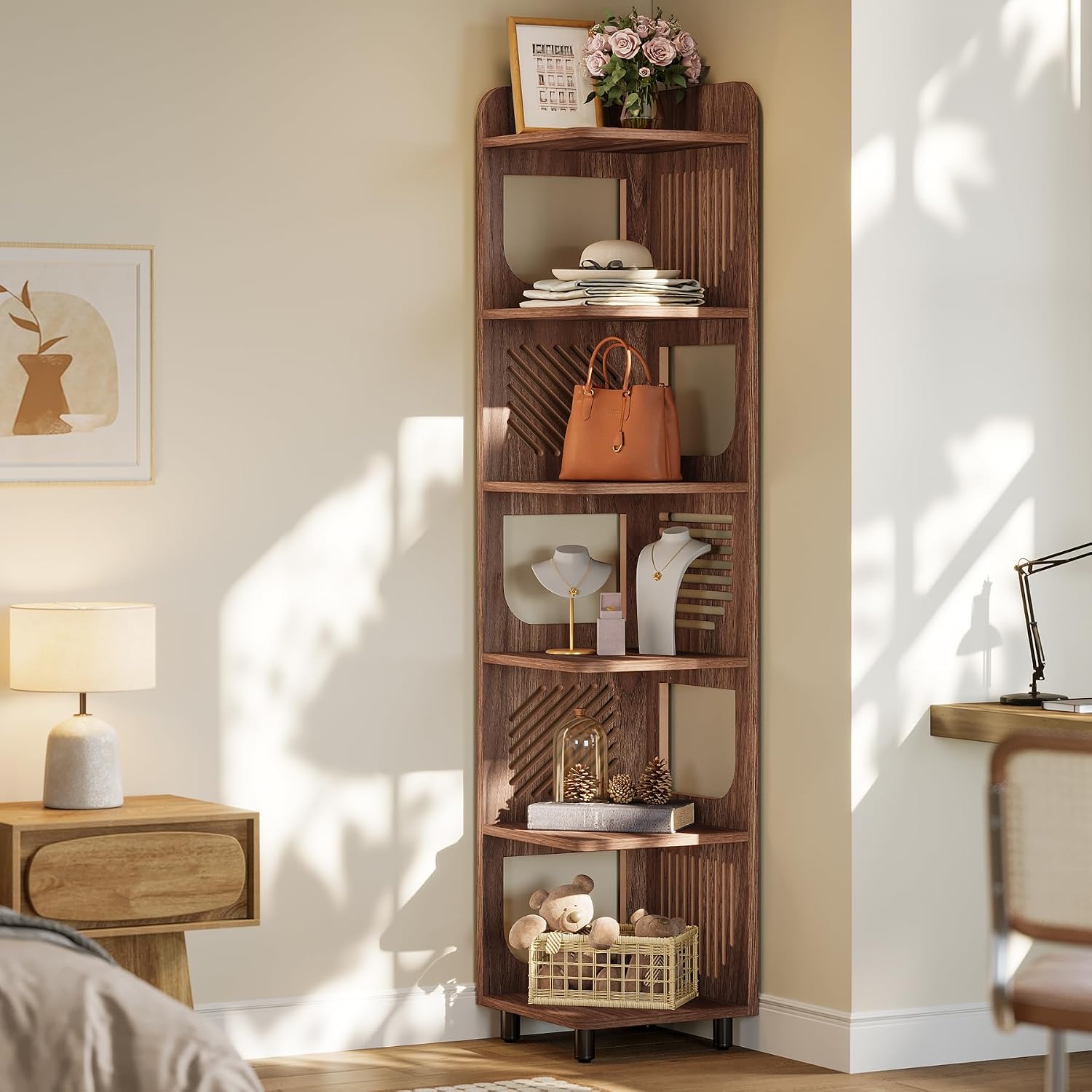 Tribesigns 6-Tier Corner Bookshelf, Tall Narrow Corner Shelf Bookcase with Hollow Design, Farmhouse Skinny Display Shelf for Living Room, Bedroom, Small Space, Brown