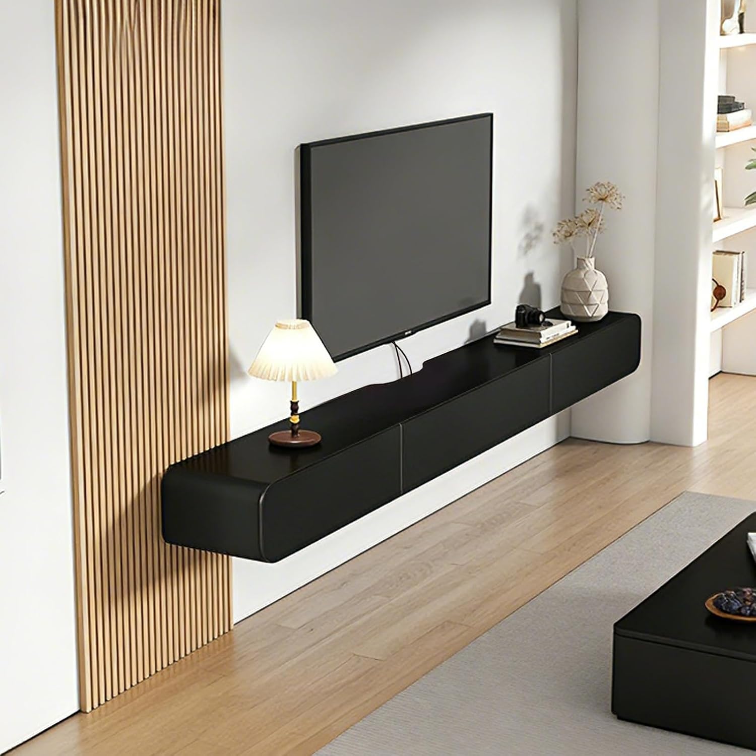 FPIGSHS Wall Mounted Media Console with 2 Drawers Solid Wood Floating TV Stand Hanging TV Shelf Entertainment Center TV Cabinet, for Home Office (A, 160cm/63in)
