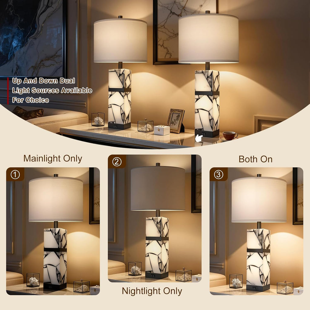 Scenekoy 27' Alabaster Table Lamps Set of 2 with Night Light for Living Room Bedroom, Nightstand Lamps with Linen Shade, Modern Bedroom Lamps with USB A+C Ports for Living Room Office (Bulb Included)