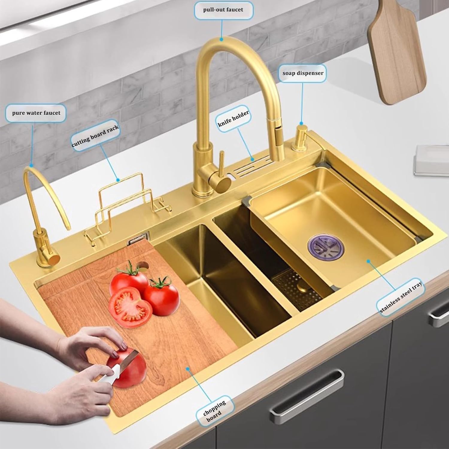 Golden Stainless Steel Sink Kitchen Double Bowl Sink Large Capacity Sink Golden Faucet Including Soap Dispenser and Other Accessories (