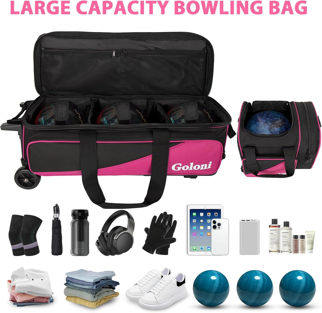 Goloni 3 Ball Bowling Bag with Wheels, Rolling Bowling Roller Bag with Retractable Handle for Balls & Bowling Accessories