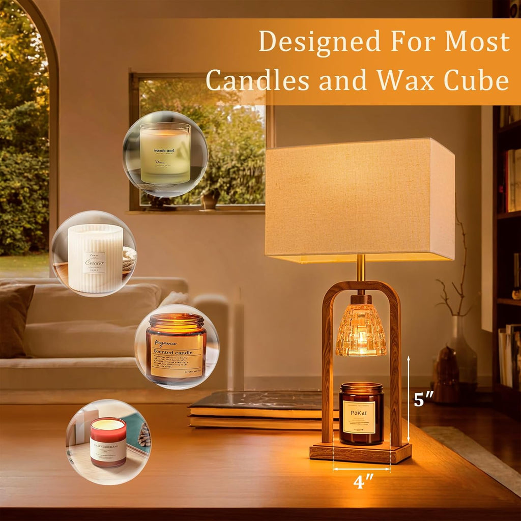PoKat Farmhouse Table Lamps with Candle Warmer & Timer for Bedroom, Wood-Like Bedside Lamps Set of 2 for Night Stands, 21.5'' Bedroom Lamps Decor for Living Room, Corded Eletric, No Battery
