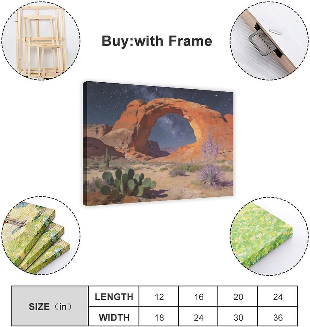 Frame Starry Night Desert Arch Wall Art Canvas Print, Milky Way Sky Over Red Rock Canyon Landscape Painting, Southwestern Cactus Decor 24x36inch(60x90cm)
