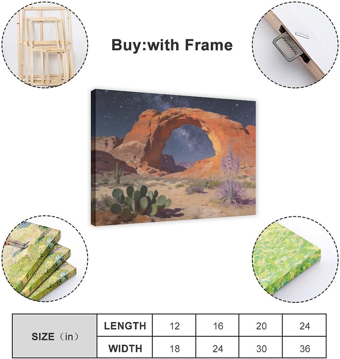 Frame Starry Night Desert Arch Wall Art Canvas Print, Milky Way Sky Over Red Rock Canyon Landscape Painting, Southwestern Cactus Decor 24x36inch(60x90cm)