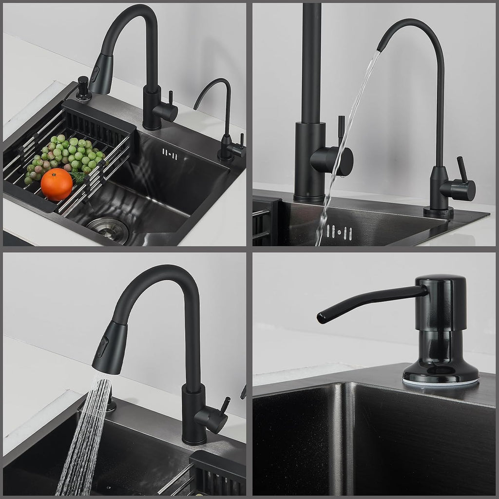 Stainless Steel Kitchen Sink Black, Topmount/Undermount Single Bowl Farmhouse Workstation Sink with Drainer and Full Fittings Accessories, One Bowl Sinks for Kitchens 55 * 45cm