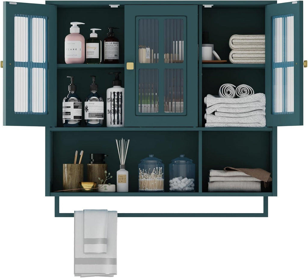Polibi Wall Cabinet with Fluted Glass, Modern Wall-Mounted Storage with Towel Bar, Removable Shelves, Minimalist Design for Entryway Living Room Bathroom Dining Room, Easy Assembly, Dark Green