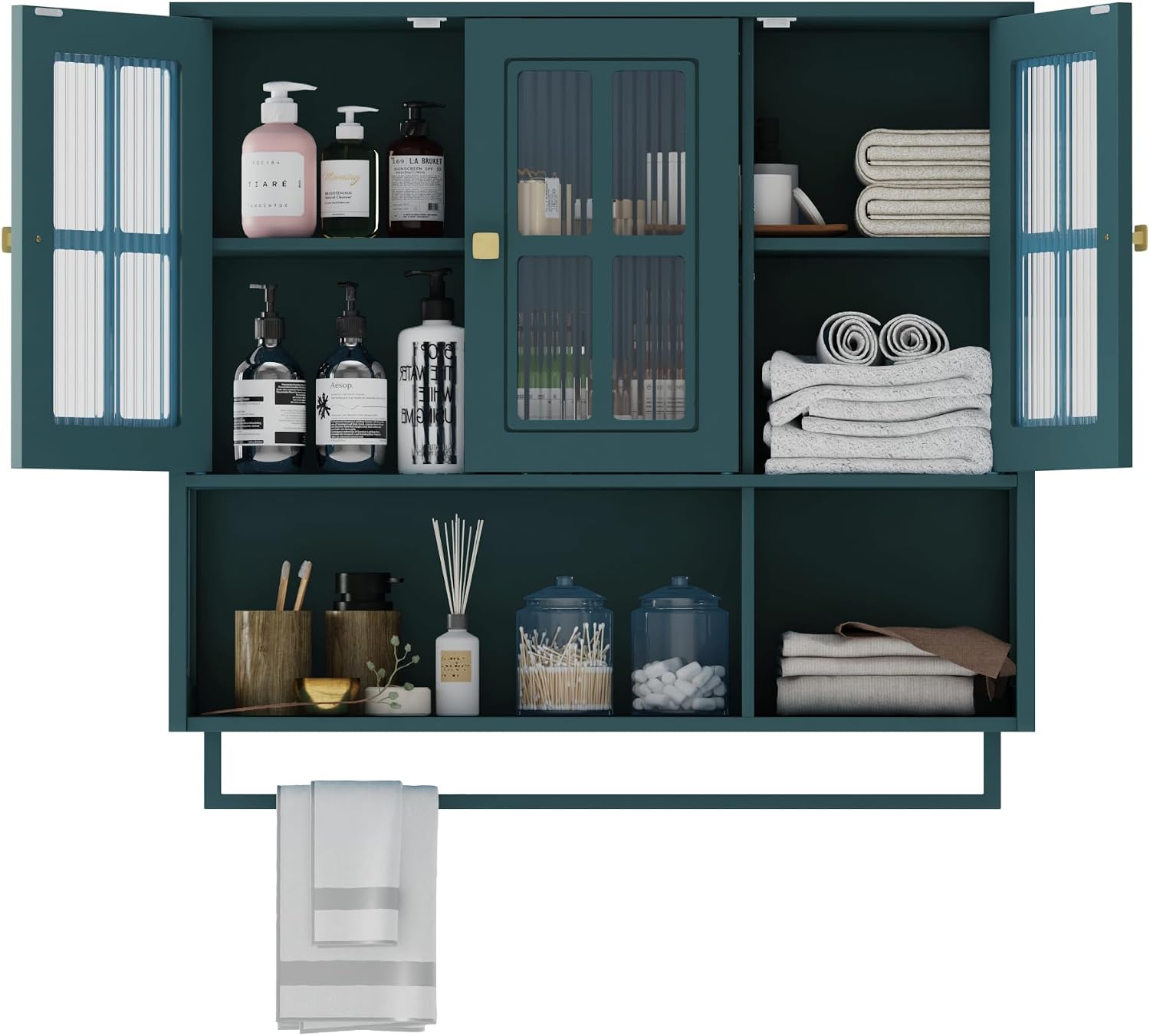 Polibi Wall Cabinet with Fluted Glass, Modern Wall-Mounted Storage with Towel Bar, Removable Shelves, Minimalist Design for Entryway Living Room Bathroom Dining Room, Easy Assembly, Dark Green