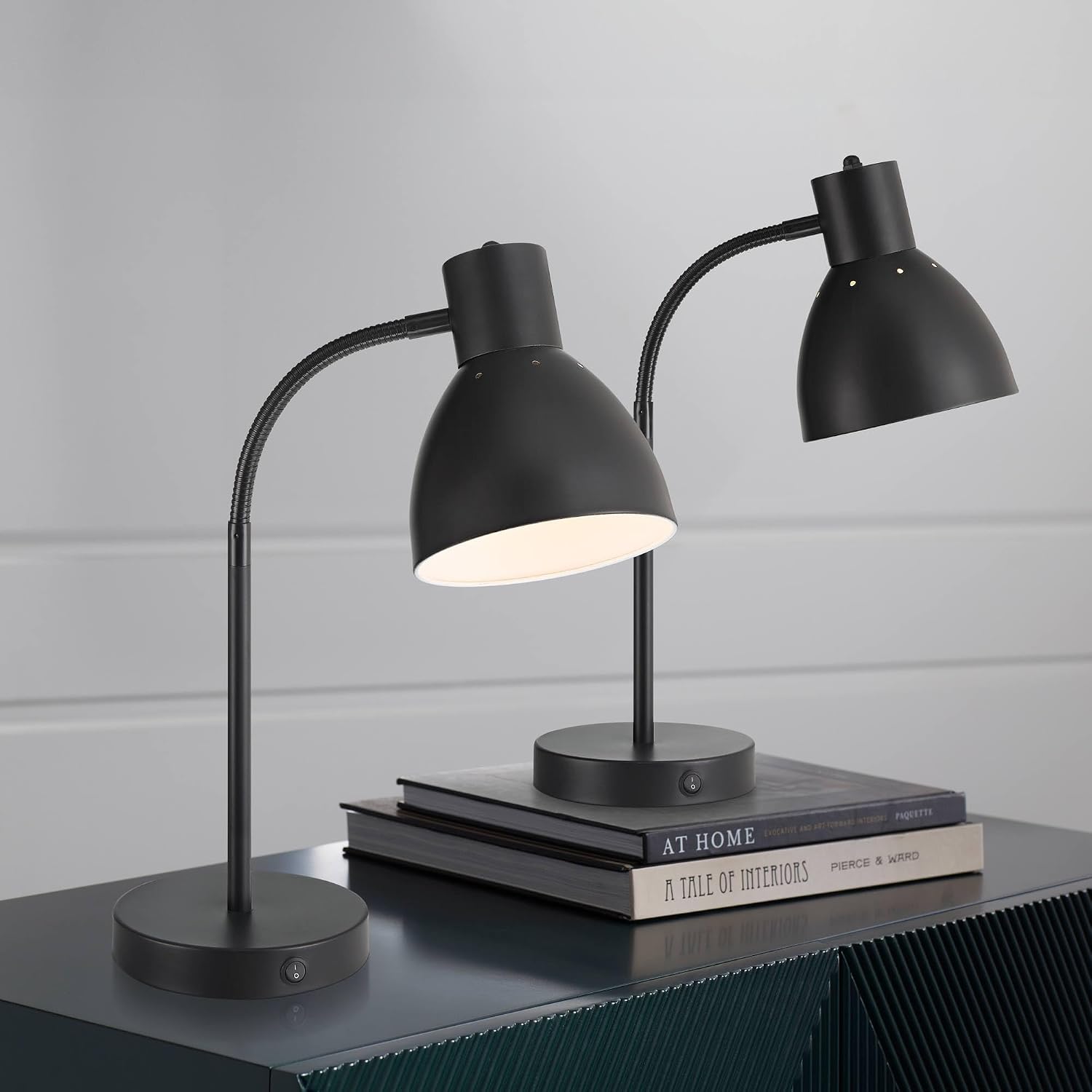360 Lighting Piper 24' High Gooseneck Small Modern Set of 2 Desk Lamps with USB Charging Ports A+C Black Metal Shade Home Office Living Room Bedroom Bedside Nightstand House Reading Kitchen Entryway