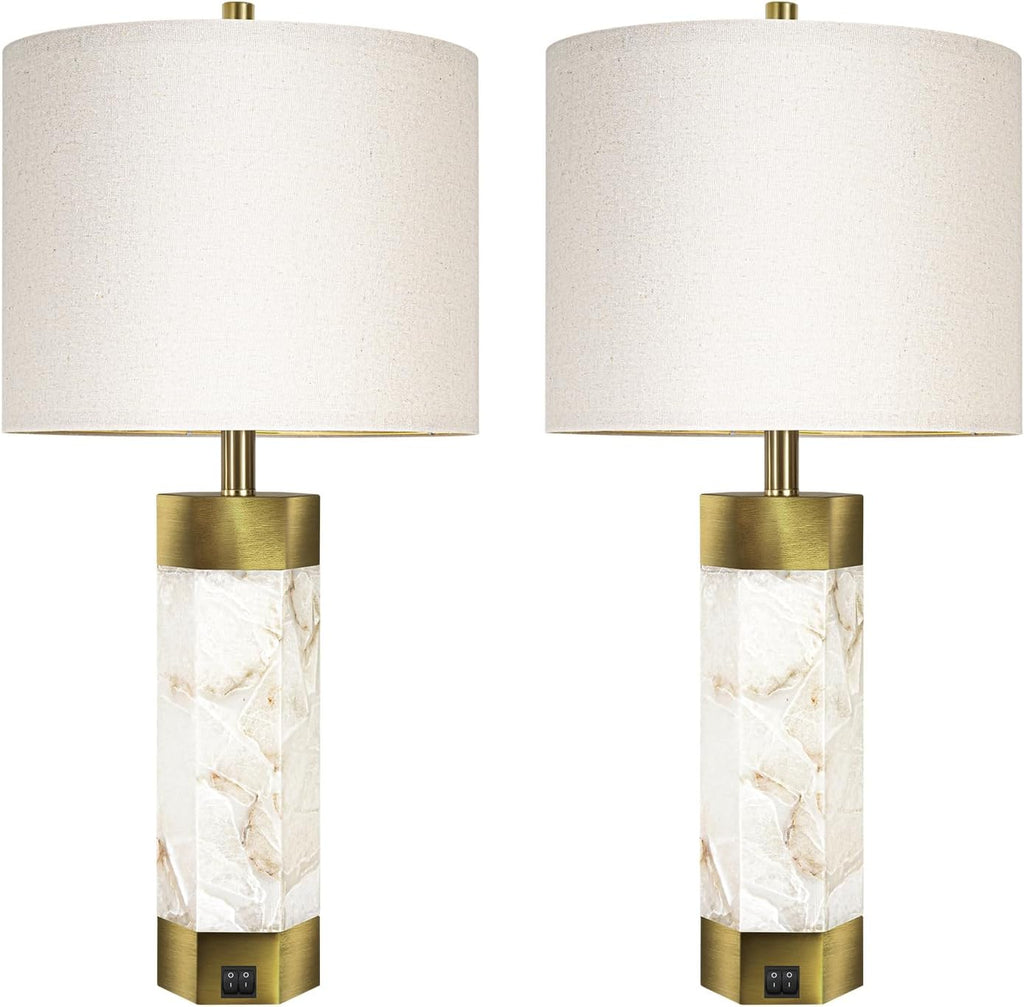 Natural Alabaster Table Lamps Set of 2,Table Lamp with Night Light for Living Room,Nightstand Lamp with USB Ports,Bedside Lamp with Linen Fabric Shade for Bedroom,Living Room,Office,Bar(Bulb Included)