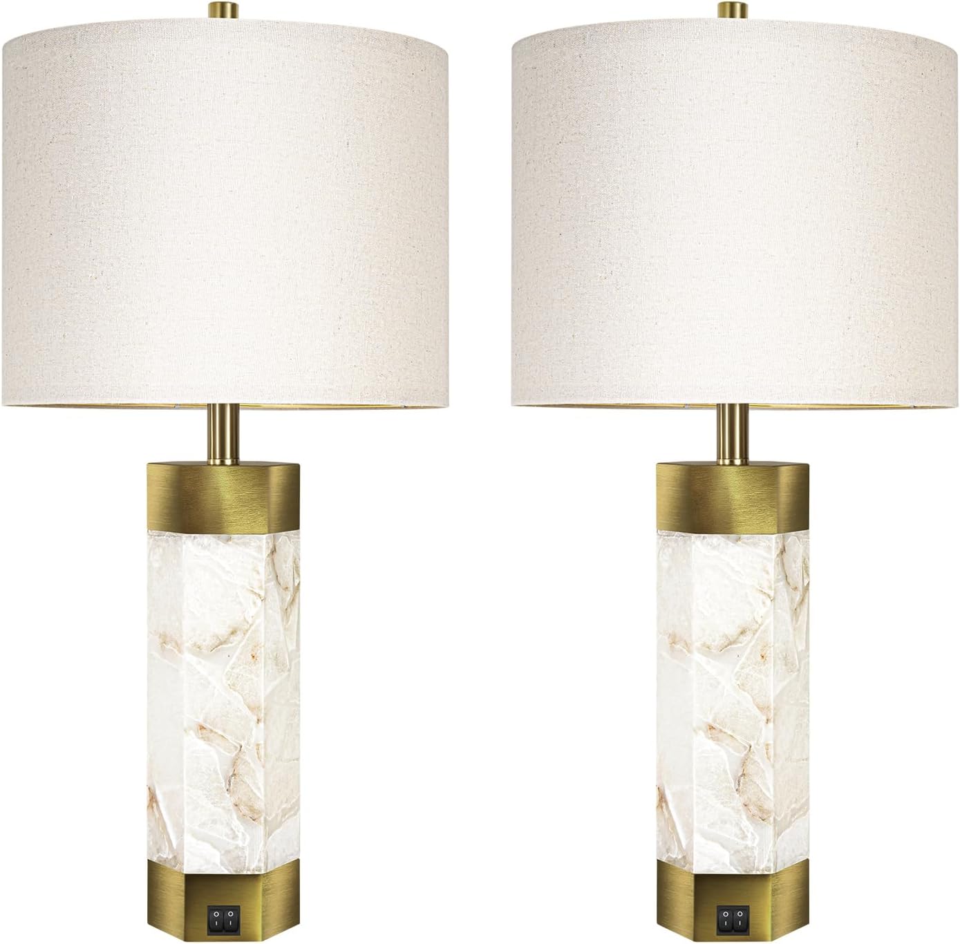 Natural Alabaster Table Lamps Set of 2,Table Lamp with Night Light for Living Room,Nightstand Lamp with USB Ports,Bedside Lamp with Linen Fabric Shade for Bedroom,Living Room,Office,Bar(Bulb Included)