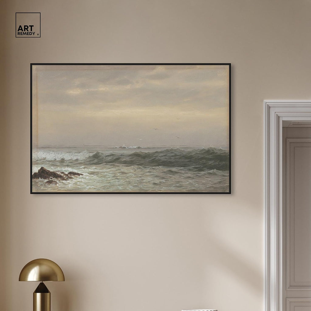 Art Remedy Rocks and Breaking Waves Canvas Coastal Classic Art, Black Frame, 45' x 30'