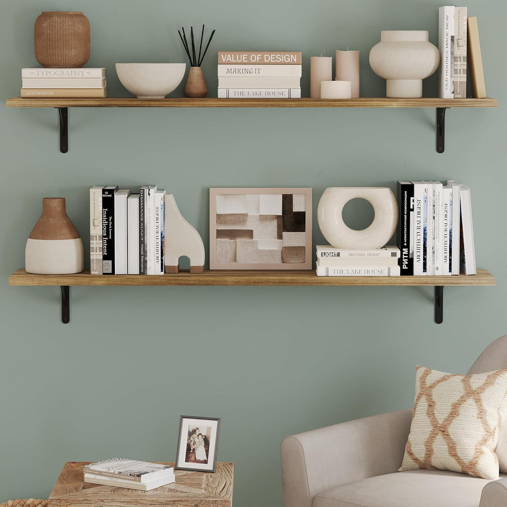 Wallniture Forme 60' x 10' Floating Shelves for Wall Decor, Rustic Wall Bookshelf, Shelves for Living Room, Office, Kitchen, Pantry Room, Floating Shelf, Set of 2, Burnt Finish, Wood