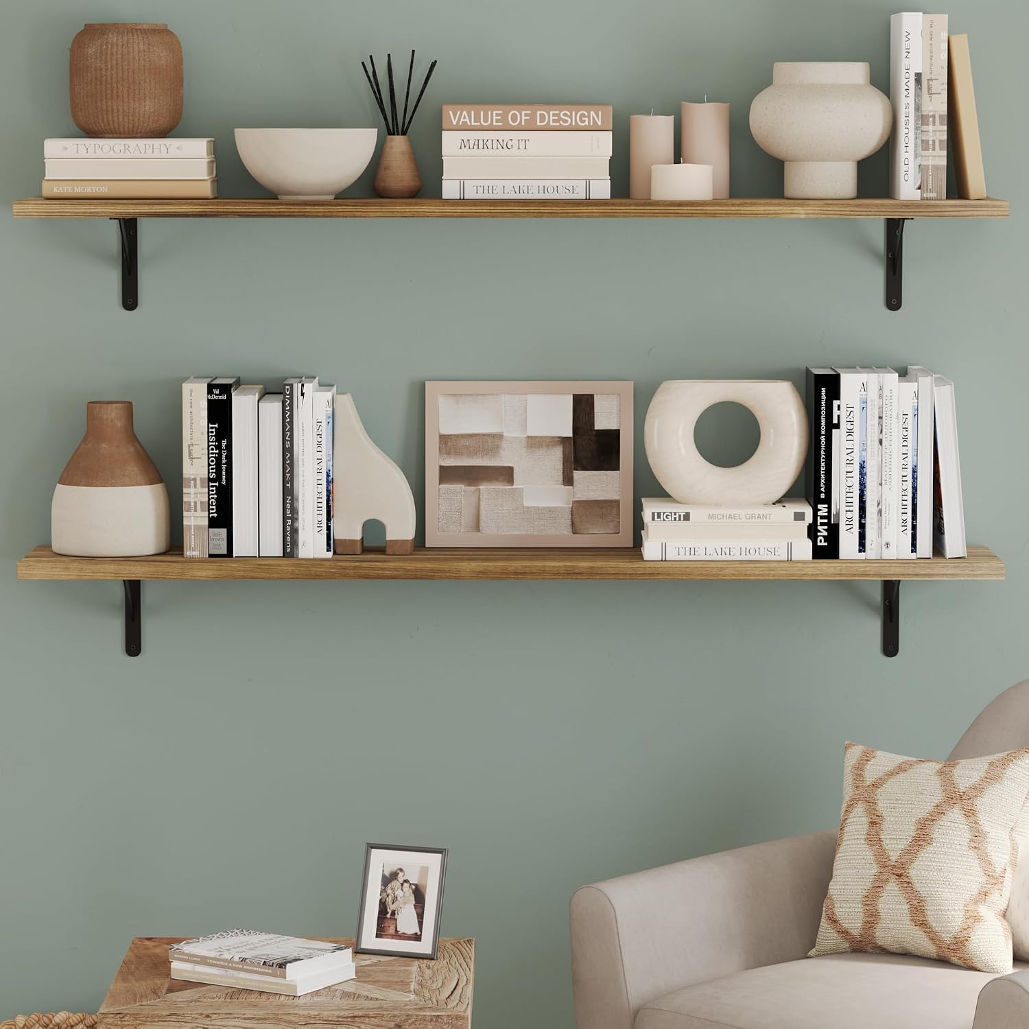 Wallniture Forme 60' x 10' Floating Shelves for Wall Decor, Rustic Wall Bookshelf, Shelves for Living Room, Office, Kitchen, Pantry Room, Floating Shelf, Set of 2, Burnt Finish, Wood