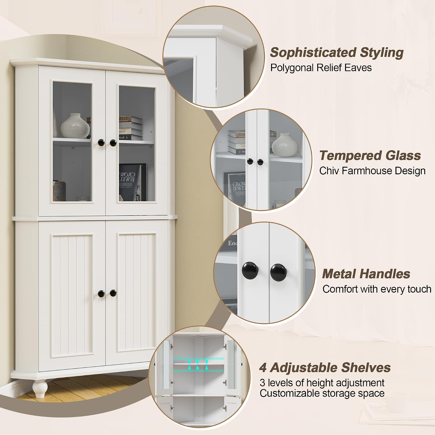 Tall Corner Cabinet with Glass Doors, White Corner Shelf for Living Room | Tempered Glass, Painted, Adjustable Shelves, Roman Column Legs, Anti-Tipping Device, Assembly Required, Large Storage Space