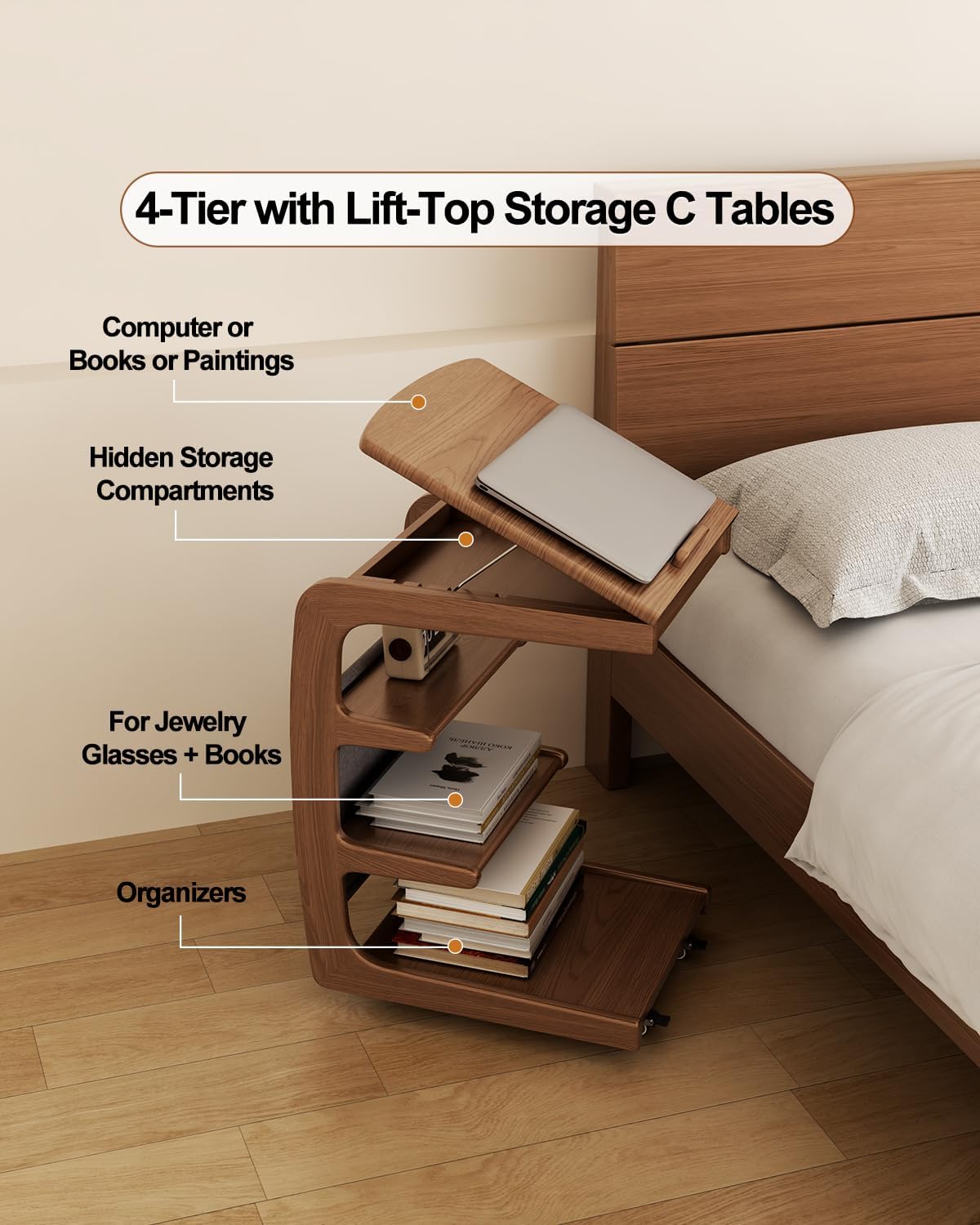 AQIMUELE Rolling Side Table, C Shaped End Table, C Table with 4 Wheels Solid Wood Small Rolling Desk with Adjustable Desktop,C Shaped End Table for Couch(15.6' D x 15.7' W x 24.3' H