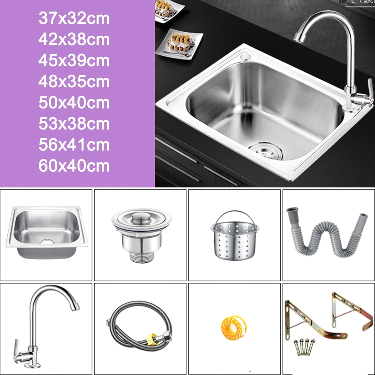 Kitchen Sink Bathroom Hand Wash Basin, Stainless Steel Space Saver Hand Wash Sink with Faucet and Drain, Utility Sink Single Bowl Sink for Restaurant, Kitchen and Home (Size : 42x38cm) ( 42x38cm)
