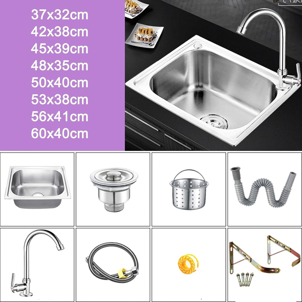 Kitchen Sink Bathroom Hand Wash Basin, Stainless Steel Space Saver Hand Wash Sink with Faucet and Drain, Utility Sink Single Bowl Sink for Restaurant, Kitchen and Home (Size : 42x38cm) ( 48x35cm)