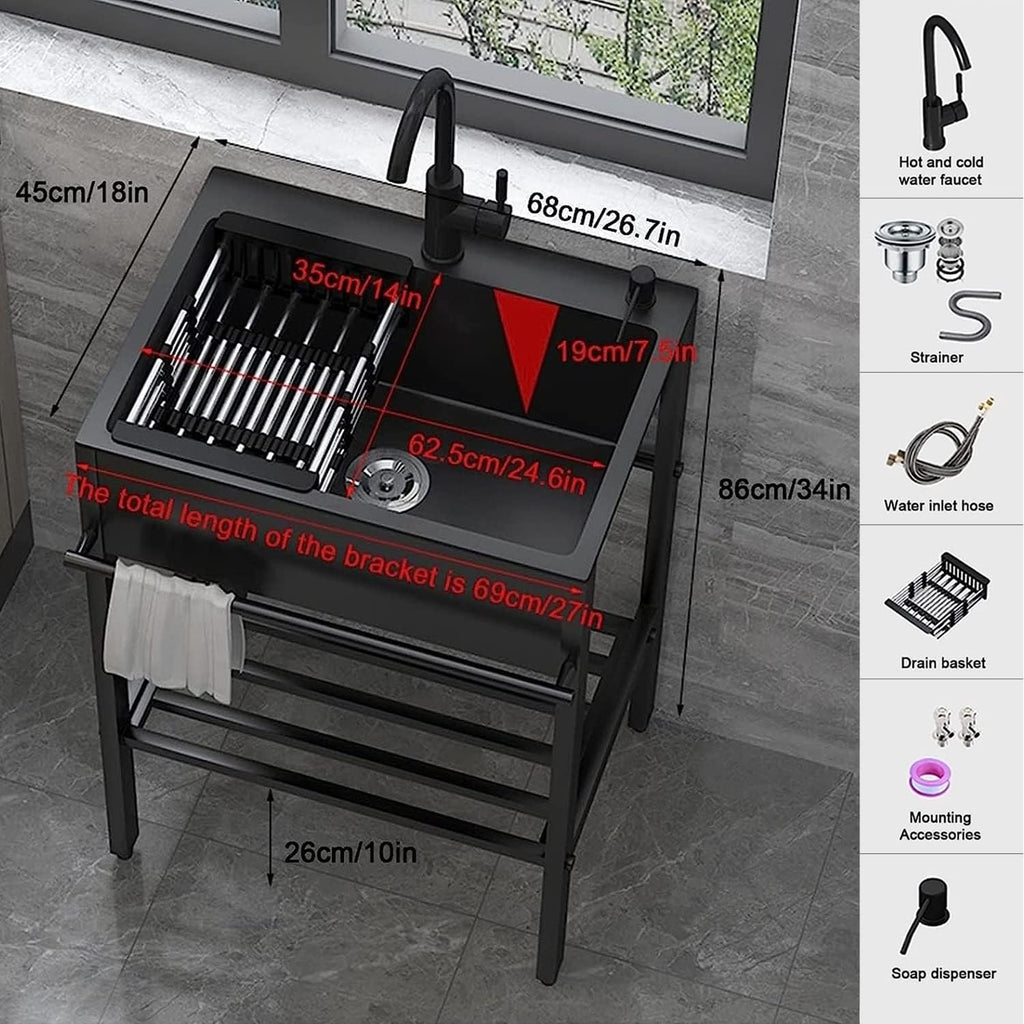 Black Utility Single Bowl Sinks Laundry Sink, Free Standing Commercial Restaurant Kitchen Sink,Heavy Duty Floor Mounted Wash Station with Faucet and Storage(68 * 45 * 86cm/26.7 * 17.7 * 33.8in