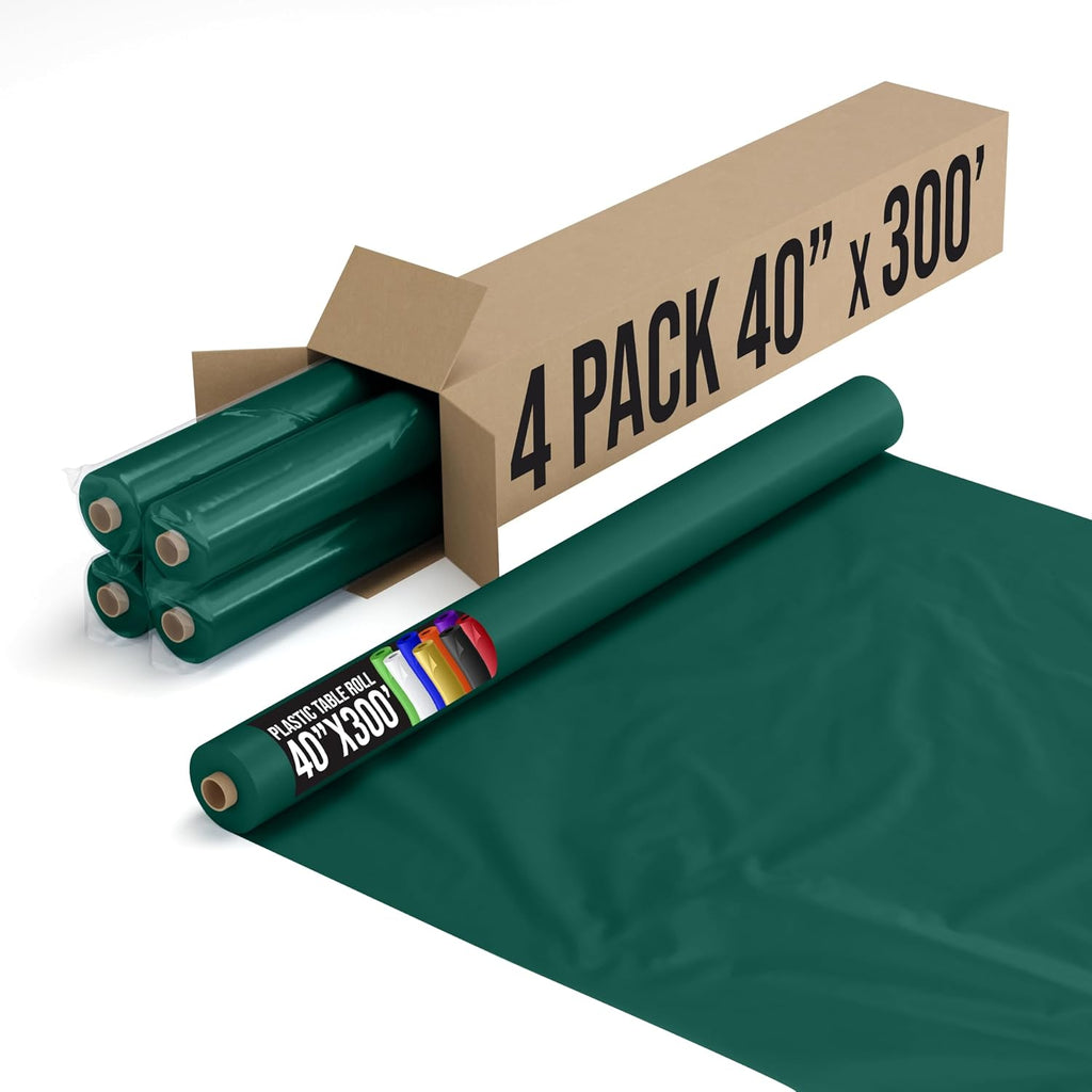 Exquisite Party Solids Dark Green Plastic Table Cover Roll 4 Pack 40' X 300' Table Cloth Plastic Cover Roll - Premium Quality Thick 0.5 MIL Banquet Rolls - Disposable Tablecloth Rolls