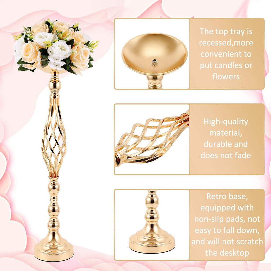 12 Pcs Metal Wedding Flower Stand Bulk Table Centerpieces, Tall Golden Flower Arrangement Vase Candle Holder Stand for Wedding Reception, Birthday, Party, Hotel Decor, Twist Style, 3 Sizes