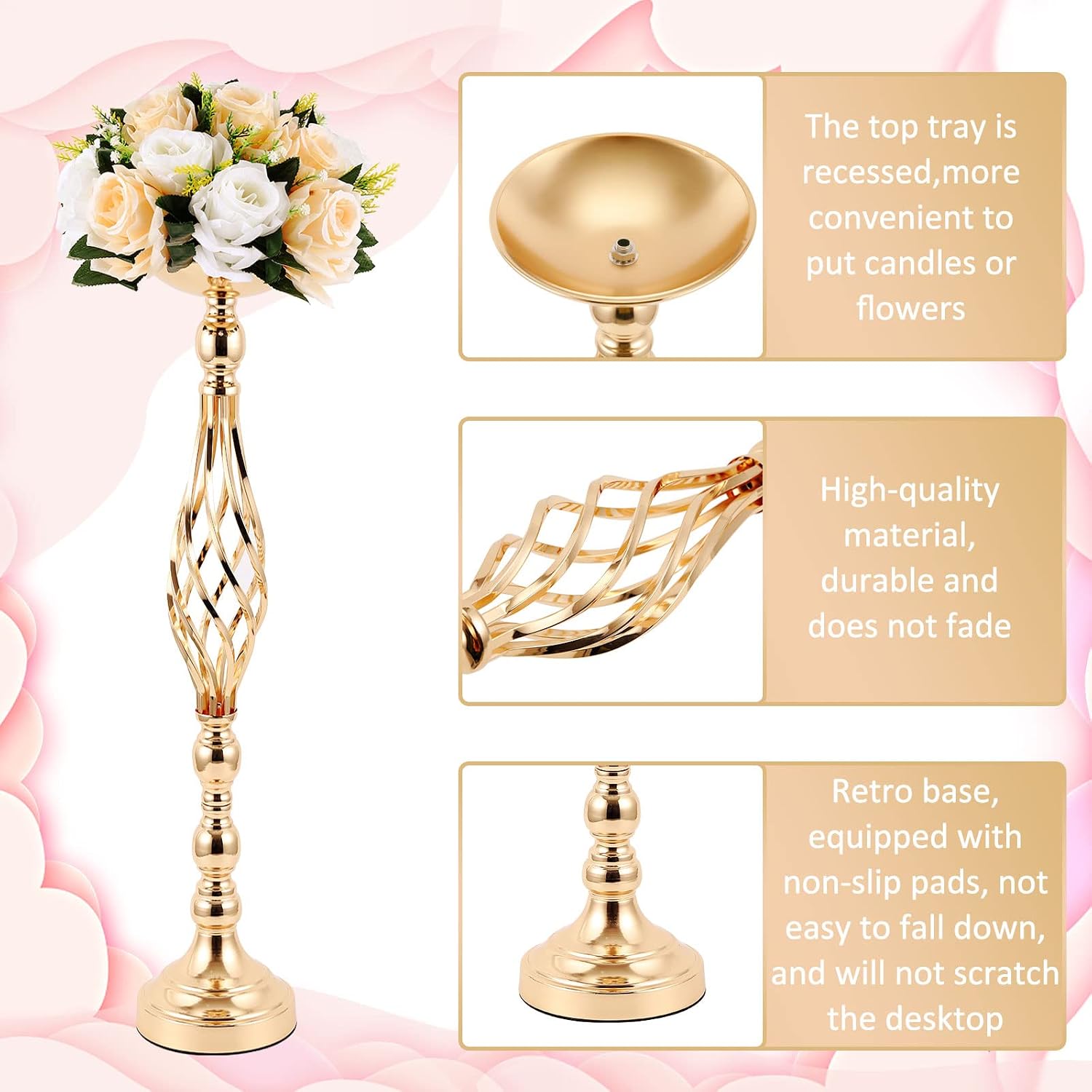 12 Pcs Metal Wedding Flower Stand Bulk Table Centerpieces, Tall Golden Flower Arrangement Vase Candle Holder Stand for Wedding Reception, Birthday, Party, Hotel Decor, Twist Style, 3 Sizes