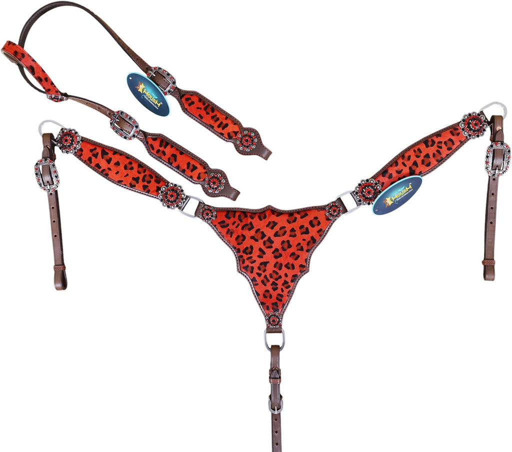 Cheetah Headstall & Breast Collar Tack Set – Gladiator Style with Leopard Print on Leather | Genuine Argentine Cow Leather | Antique Nickel Hardware & Copper Rivet Buckles