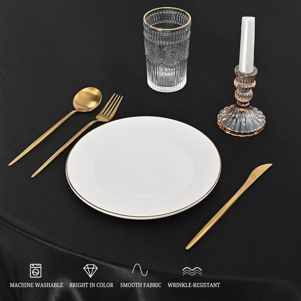 12 Pack 120 Inch Round Tablecloth, Black Satin Fabric Table Cloth for Round Tables, Wrinkle Resistant Washable TableCover Bright Silk Table Clothes for Wedding Party Dining Tables Banquet