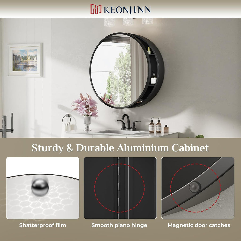 Keonjinn 24 x 24 In Round Medicine Cabinets for Bathroom, Black Mirror Surface Mount Medicine Cabinet, Circle Black Medicine Cabinet with Mirror, Adjustable Shelves Framed Bathroom Mirror with Storage