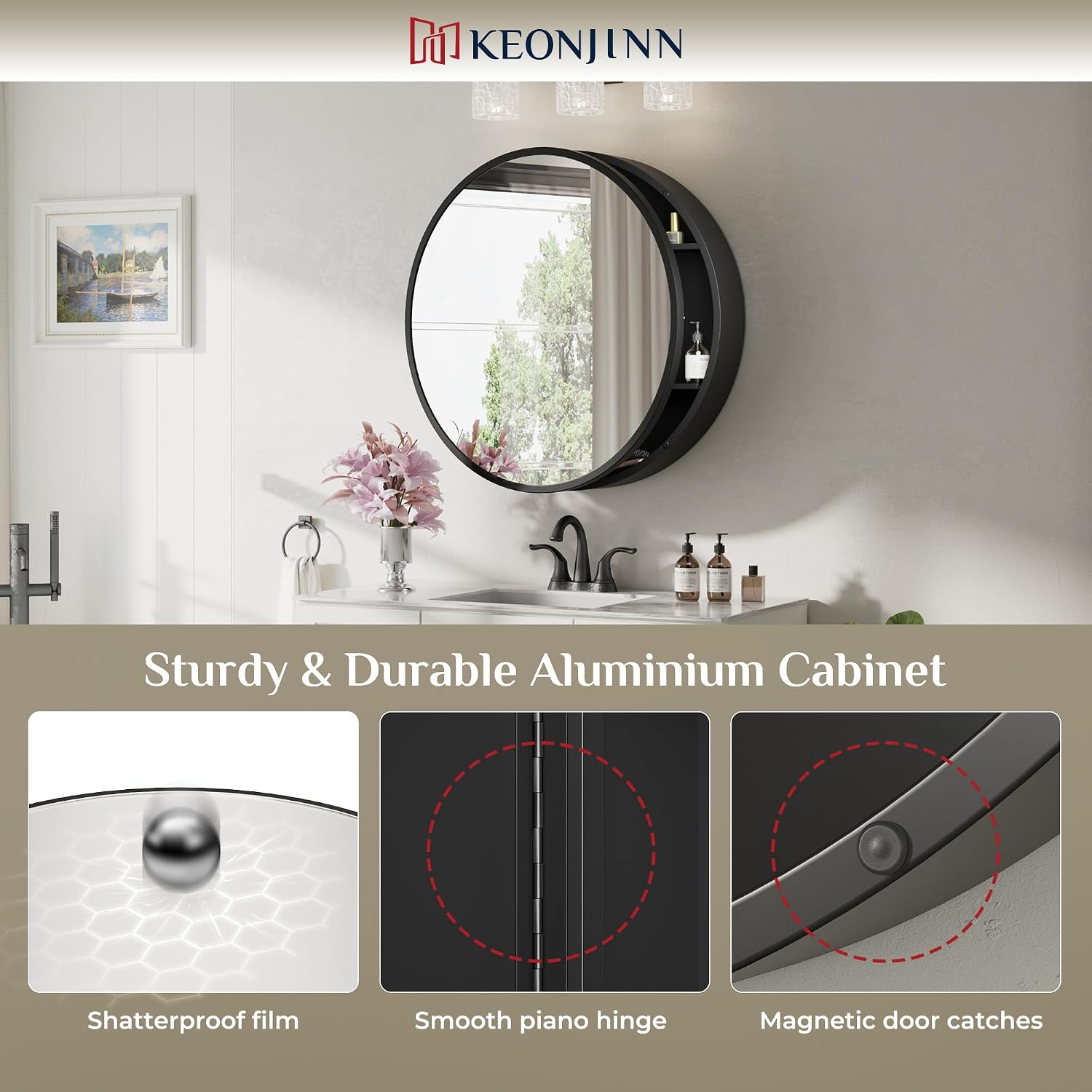 Keonjinn 24 x 24 In Round Medicine Cabinets for Bathroom, Black Mirror Surface Mount Medicine Cabinet, Circle Black Medicine Cabinet with Mirror, Adjustable Shelves Framed Bathroom Mirror with Storage
