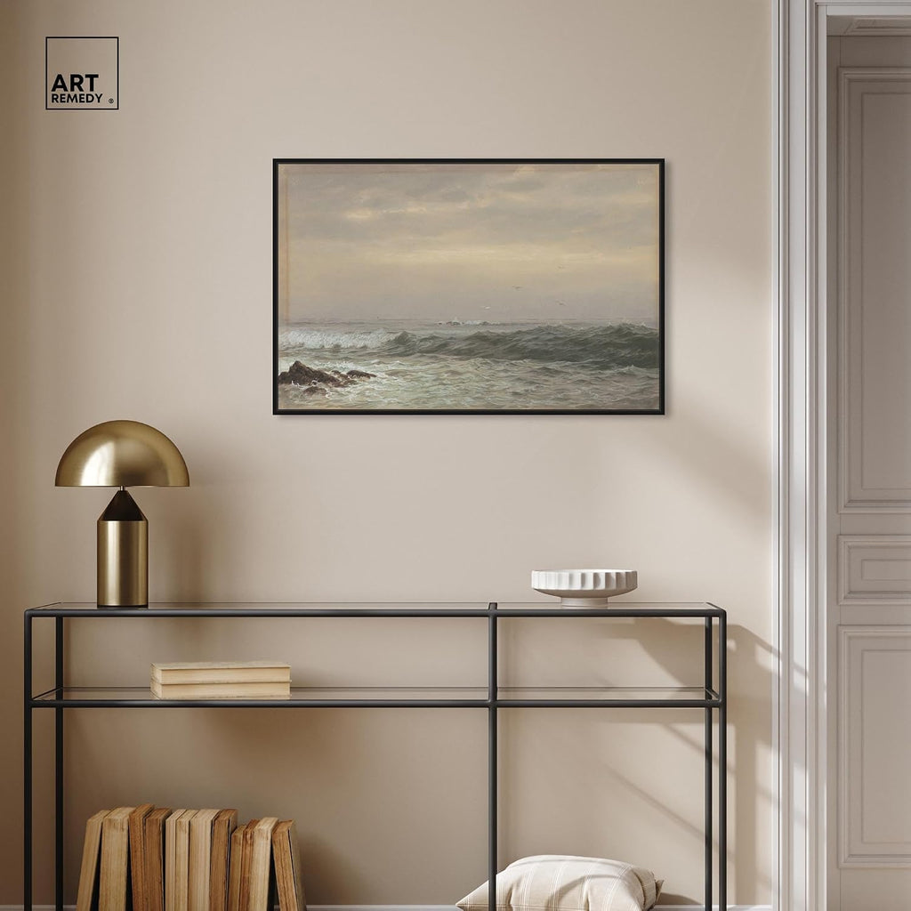 Art Remedy Rocks and Breaking Waves Canvas Coastal Classic Art, Black Frame, 30' x 20'