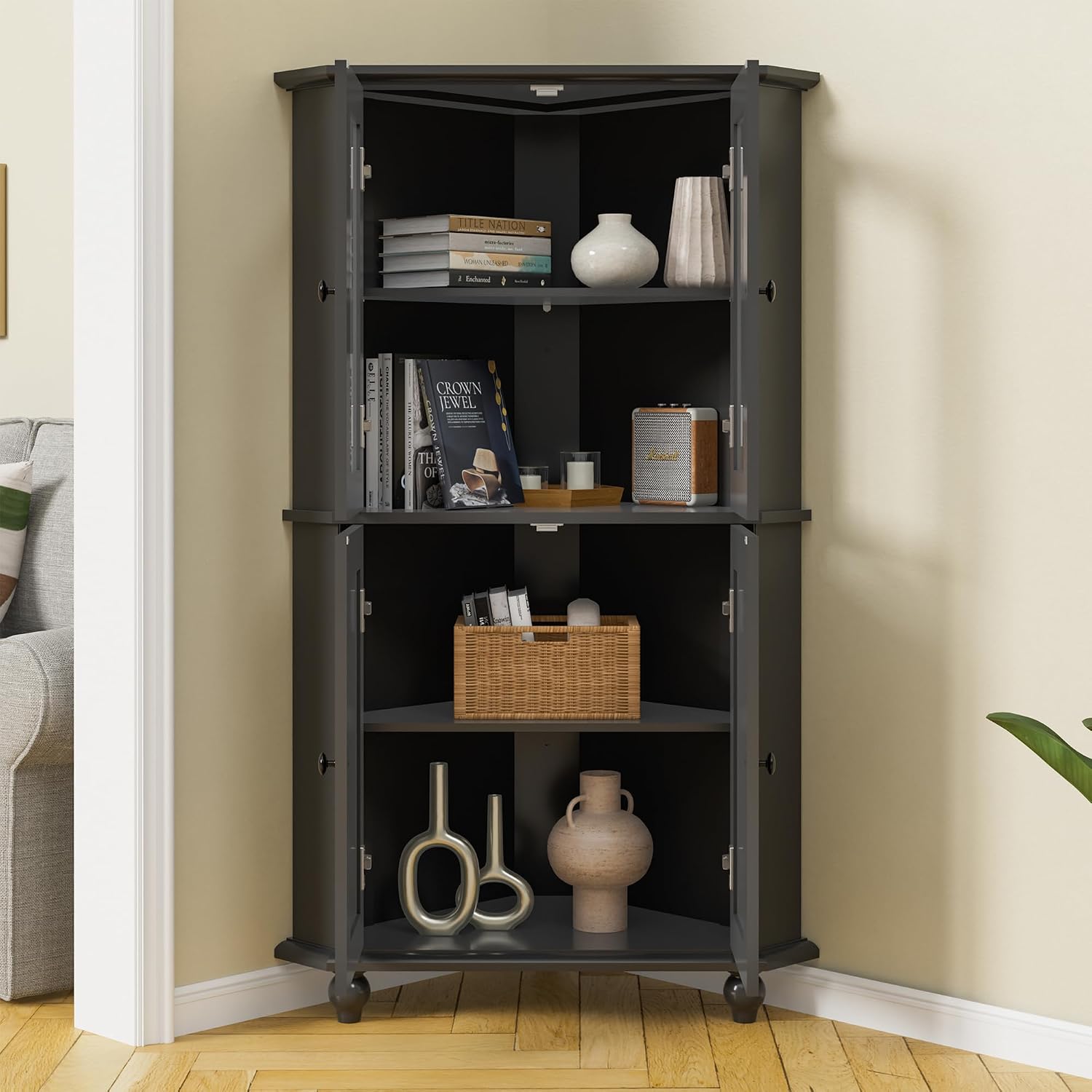 Tall Corner Cabinet with Glass Doors, Black Corner Shelf for Living Room | Tempered Glass, Painted, Adjustable Shelves, Roman Column Legs, Anti-Tipping Device, Assembly Required, Large Storage Space