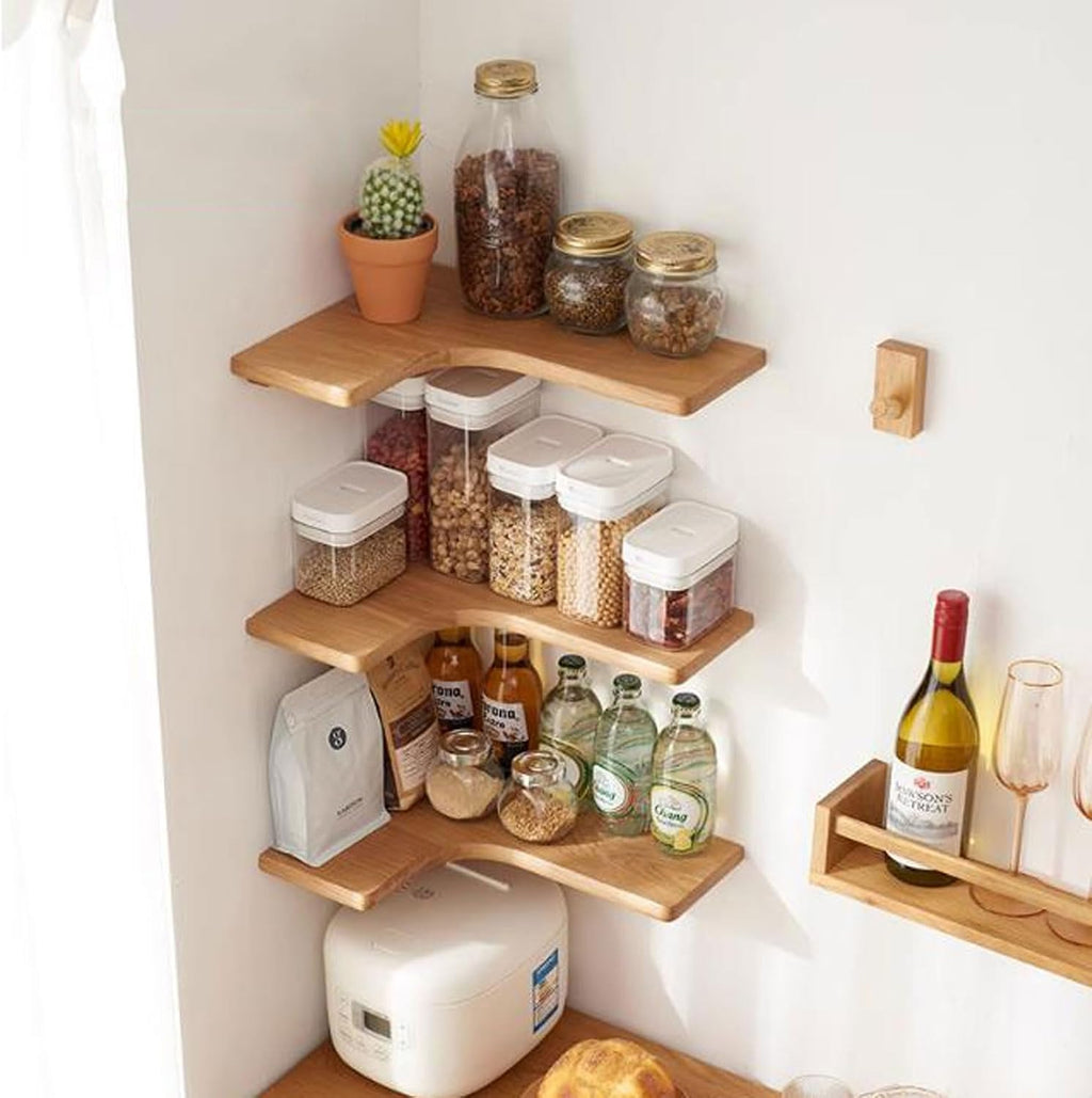 Wall Shelf Solid Wood Corner Floating Shelves Wall Mounted Set of 3, L Shape Wood Display Storage Wall Shelves Rack for Living Room, Bedroom, Office, Bathroom Kitchen & D(Cherry B-3pcs-One Size)