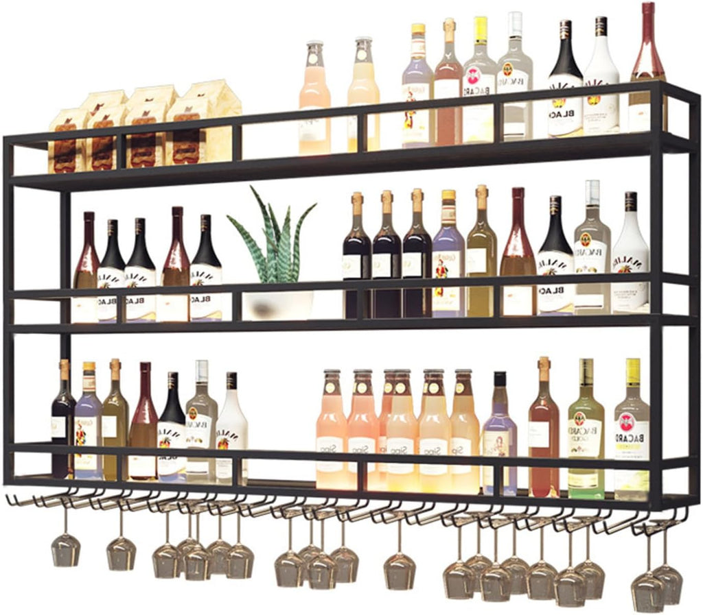 Large Heavy Duty 47in Wine Rack with LED Wall Mounted Bottle Glass Holder Under Shelf, 3-Tiers Liquor Floating Shelves Display Storage Organizer Hanging Long Stemware Goblet Metal for Home Bar