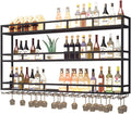 Large Heavy Duty 47in Wine Rack with LED Wall Mounted Bottle Glass Holder Under Shelf, 3-Tiers Liquor Floating Shelves Display Storage Organizer Hanging Long Stemware Goblet Metal for Home Bar