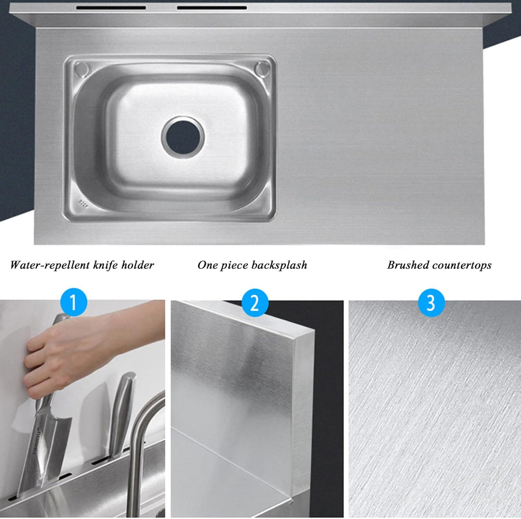 Free Standing Stainless-Steel Single Bowl Sink with Workbench, Commercial Restaurant Kitchen Sink Set with Faucet and Drainboard, Utility Washing Hand Basin