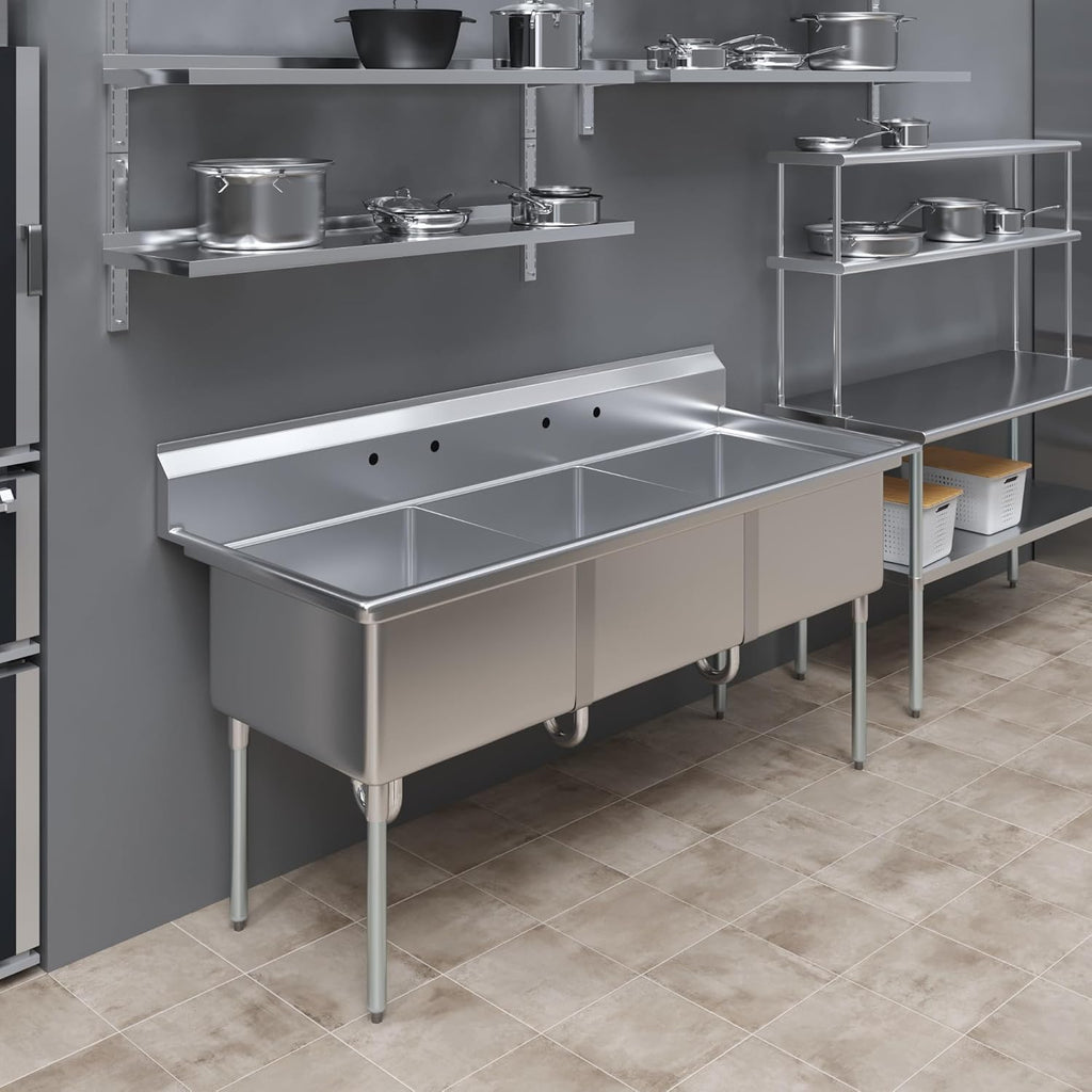 Three Compartment Stainless Steel Commercial Kitchen Prep & Utility Sink | Bowl Size 24' x 24' X 14' | NSF Certified (Size 78' x 30' x 43')