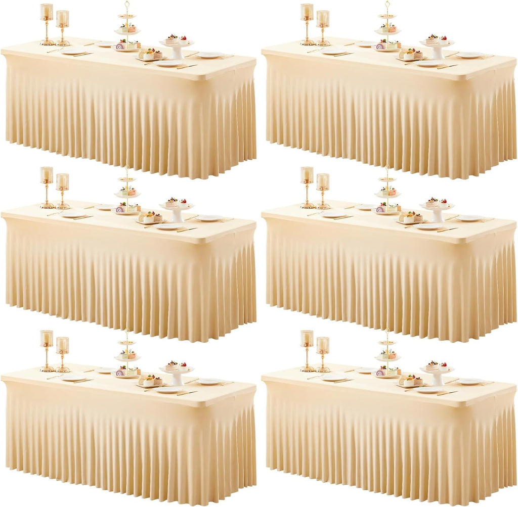 Shillance 6 Packs Champagne Spandex Tableclothes for 8 Foot Rectangle Table, Spandex Table Covers 8FT Stretch Table Skirts Wrinkle Free Fitted Table Cloth for Event, Wedding, Banquet & Parties