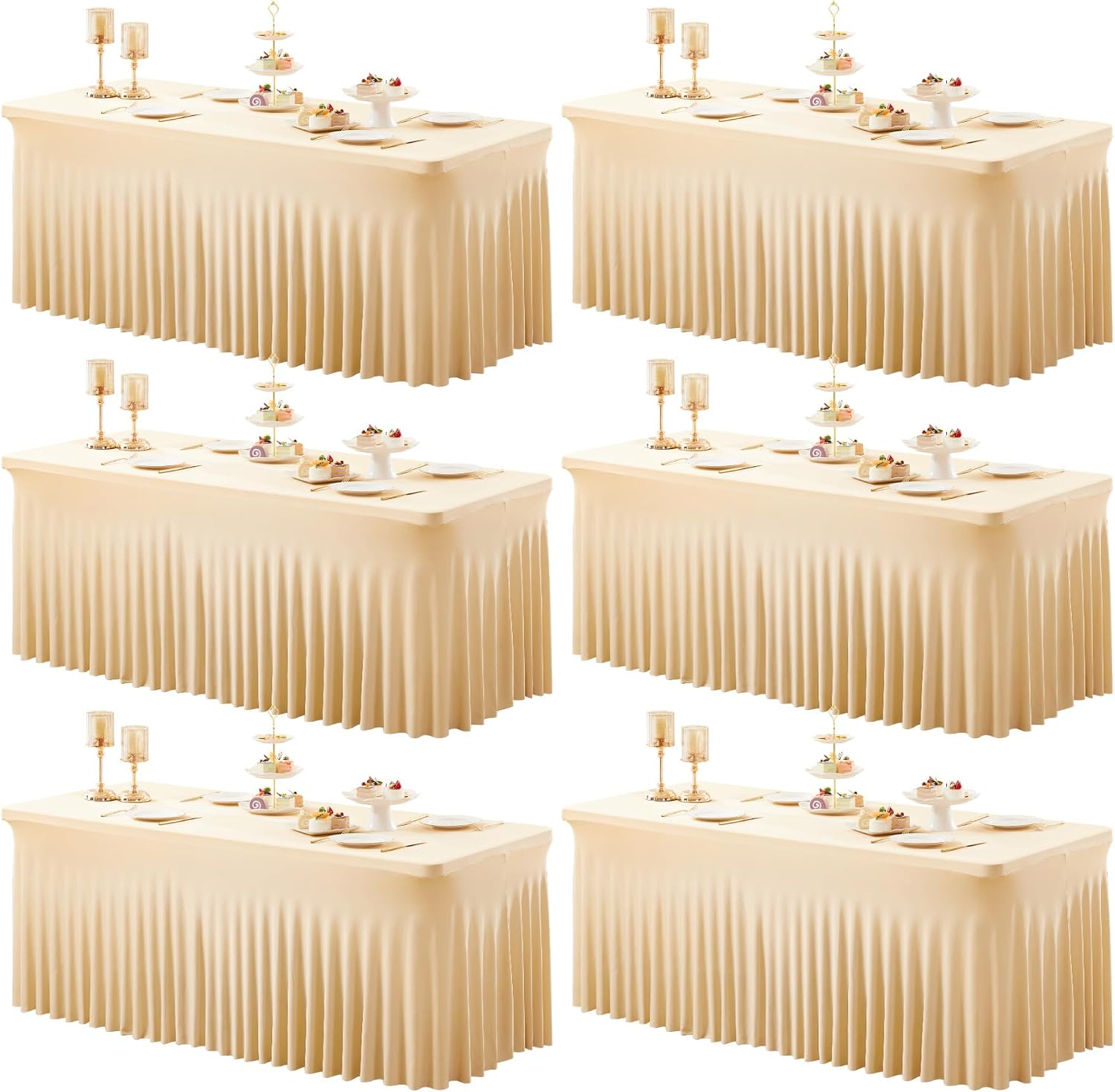 Shillance 6 Packs Champagne Spandex Tableclothes for 8 Foot Rectangle Table, Spandex Table Covers 8FT Stretch Table Skirts Wrinkle Free Fitted Table Cloth for Event, Wedding, Banquet & Parties