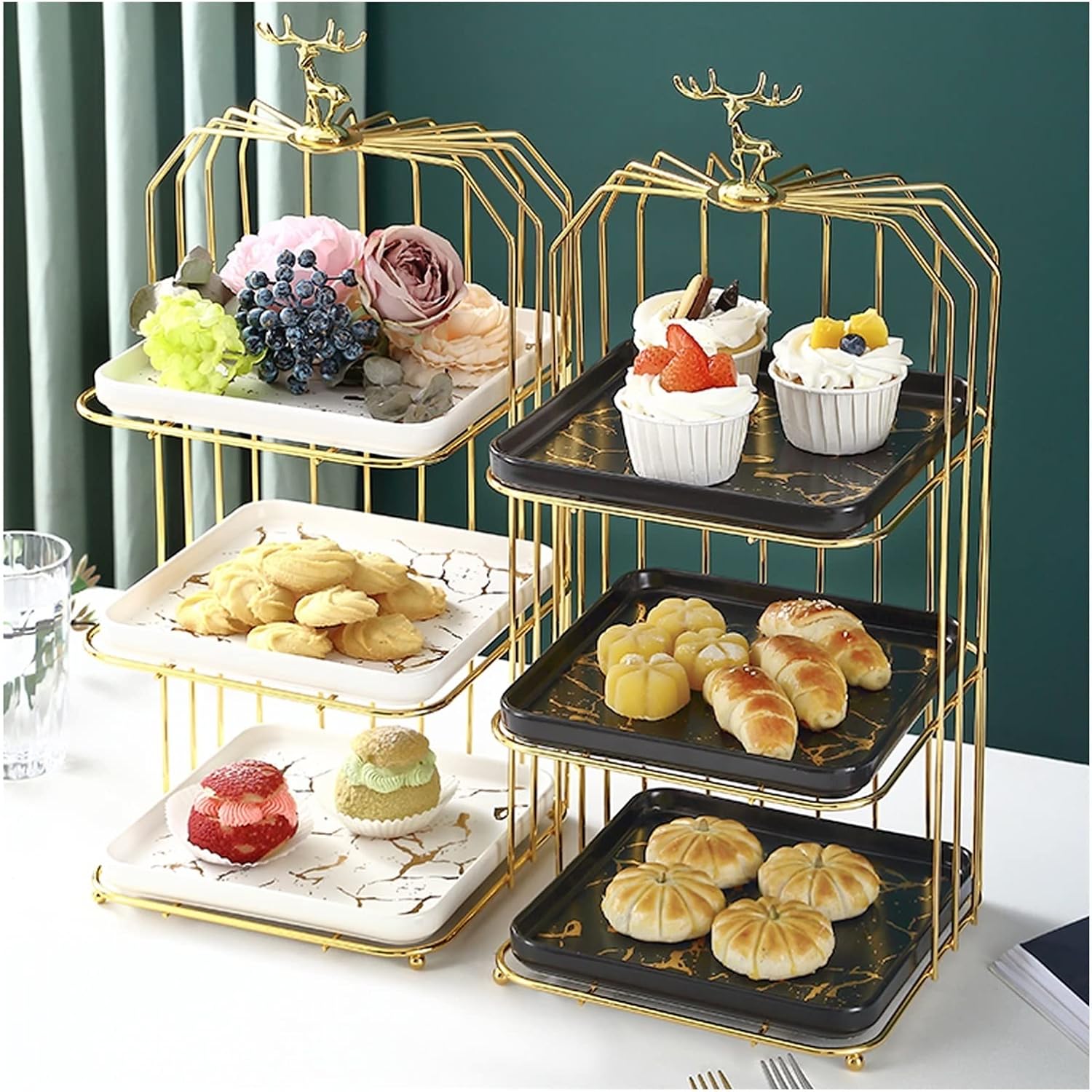 Cake Stand Creative Multi-layered Iron Cake Stand Dessert Stand Refreshment Stand Afternoon Tea Pastry Stand Snack Storage Rack Cake Holder(Color:White plate,Size:Double layer 1)