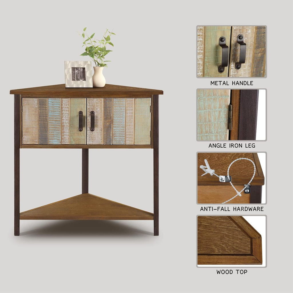 Solid Wood Corner Cabinet with Storage - Entryway Cabinet with Storage, Small Space Solution for Living Room, Apartment, Rustic Cabin Style Accent Table (Natural Blue)