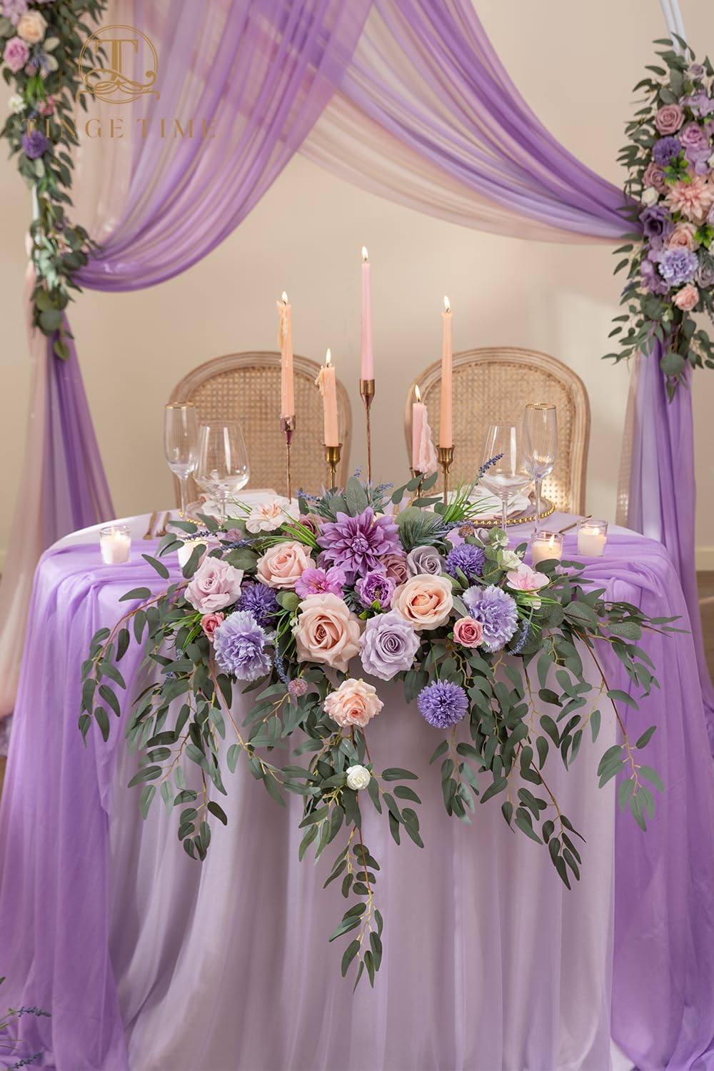 TINGE TIME Artificial Sweetheart Flower Swag with Tablecloth and Table Runner, Pack of 3 Floral Arrangement for Wedding Sweetheart Table Centerpiece Decoration (Violet & Misty Rose)