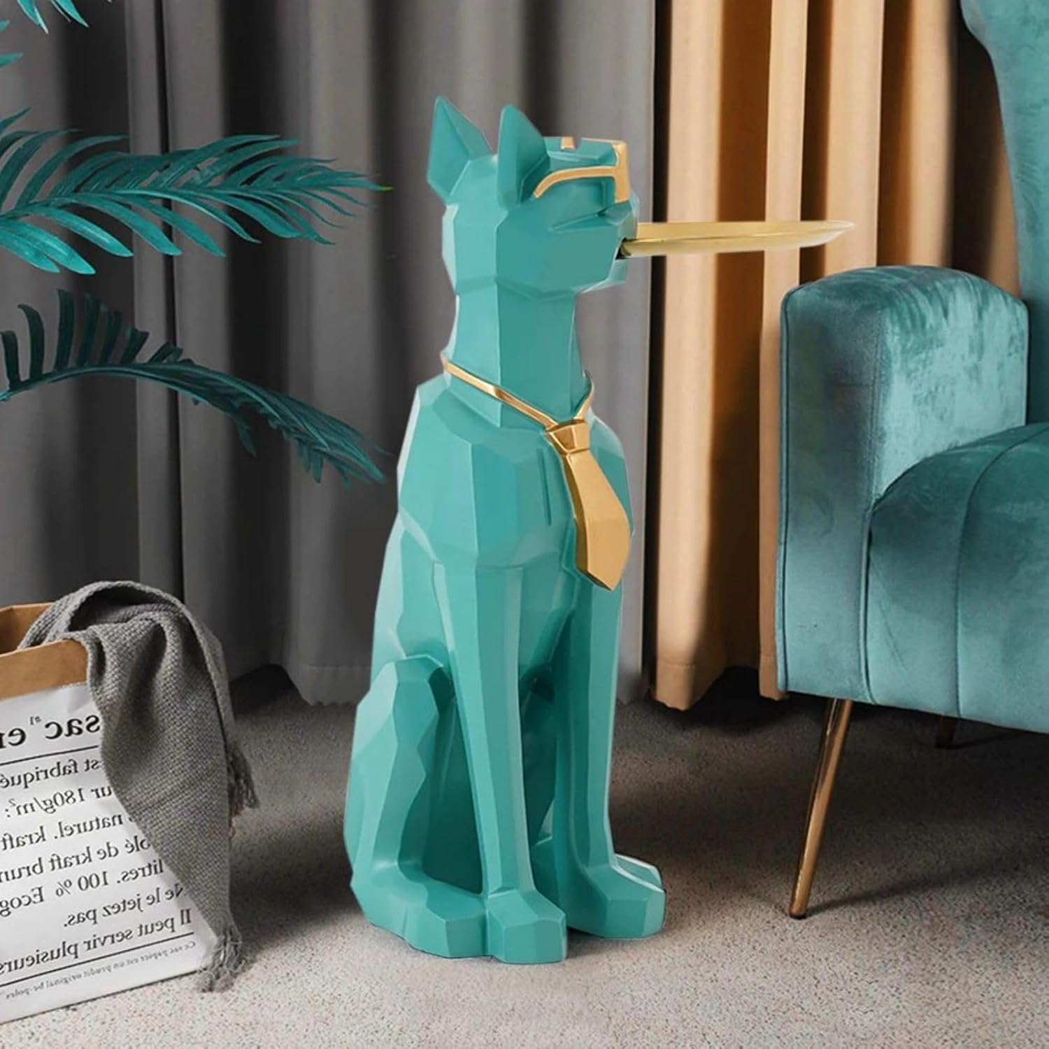 homary Modern Resin Dog Sculpture Geometric Standing Statue Cute Side Table Tray End Table with Tissue Storage (Green)