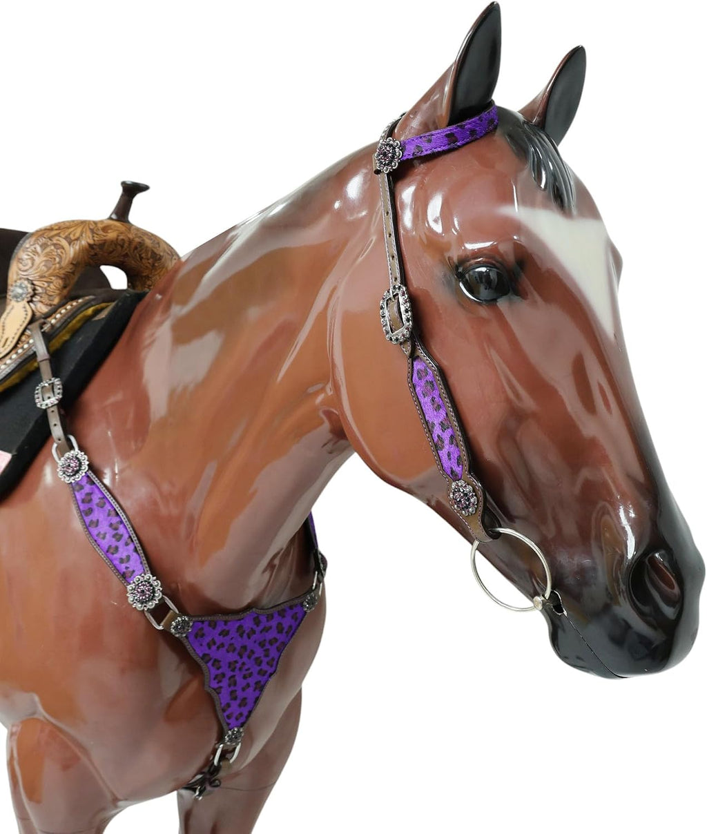 Cheetah Headstall & Breast Collar Tack Set – Gladiator Style with Leopard Print on Leather | Genuine Argentine Cow Leather | Antique Nickel Hardware & Copper Rivet Buckles